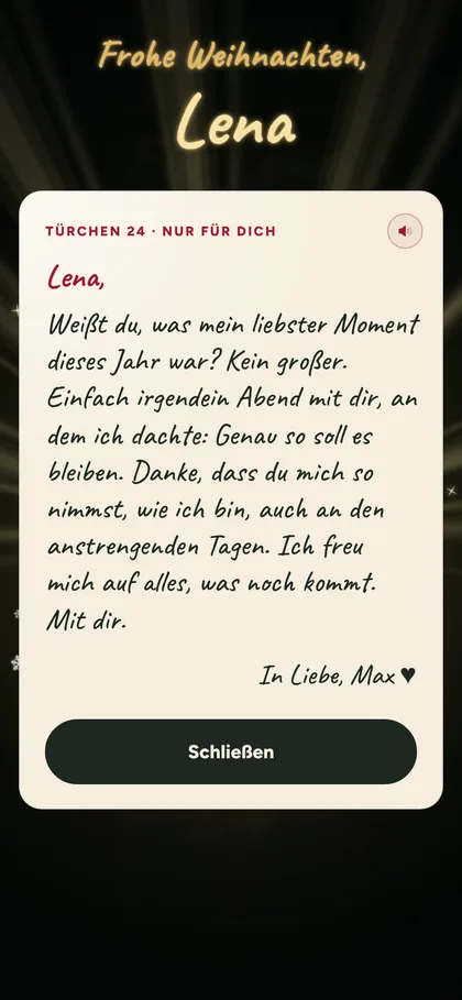 Türchen 24: Frohe Weihnachten, Lena, darunter der handgeschriebene Brief von Max